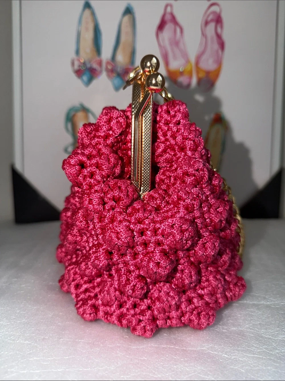 Pink Crochet Evening Clutch with Gold Chain Handle